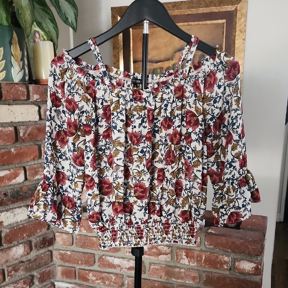 Papermoon Tops - Papermoon Red White Floral Off Shoulder Smocked Blouse Boho